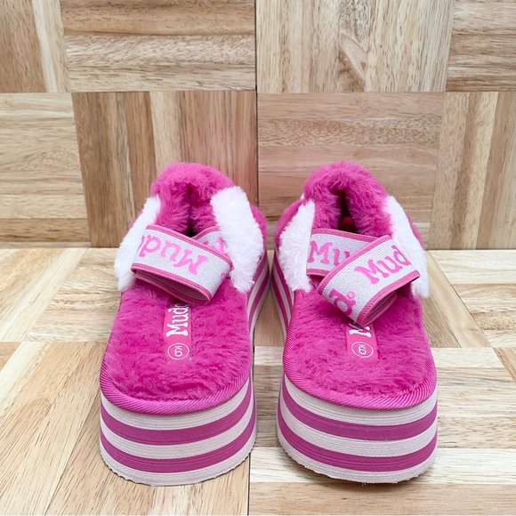 MUDD Stormy Fuchsia/White Fuzzy Elastic Slingback Slides Platform Slippers Sz 9 - Picture 13 of 16